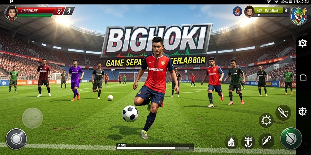 Gameplay BIGHOKI dengan aksi sepak bola yang seru.
