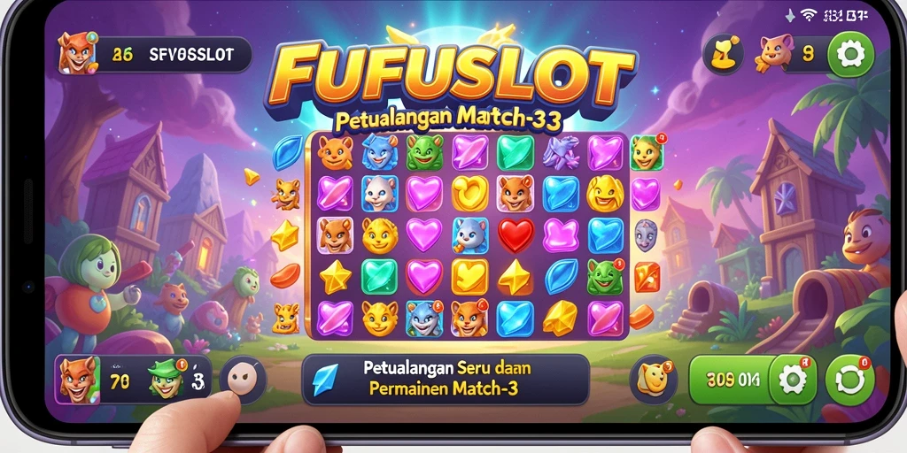 Tampilan seru gameplay FUFUSLOT dalam aksi permainan Match-3.