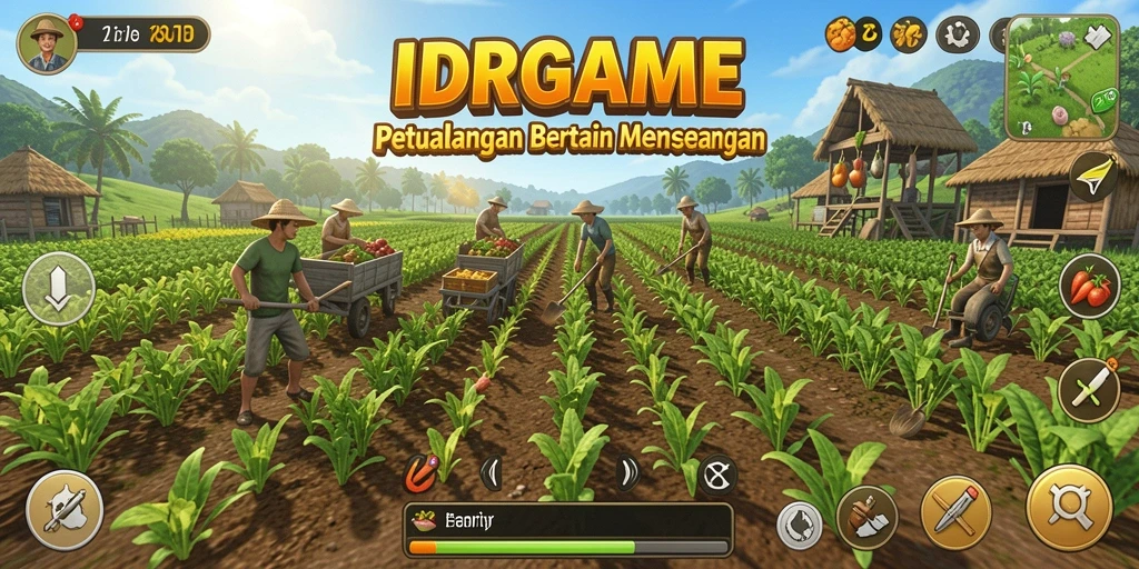 Screenshot IDRGAME menampilkan pemain yang sedang merawat ladang pertanian.