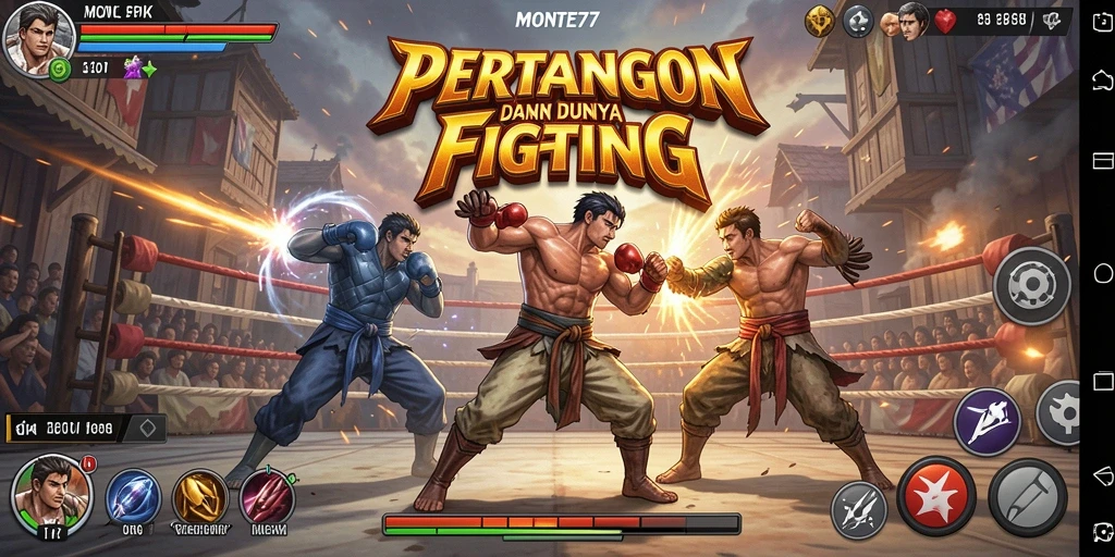 Screenshot utama MONTE77 menampilkan aksi pertarungan yang mendebarkan