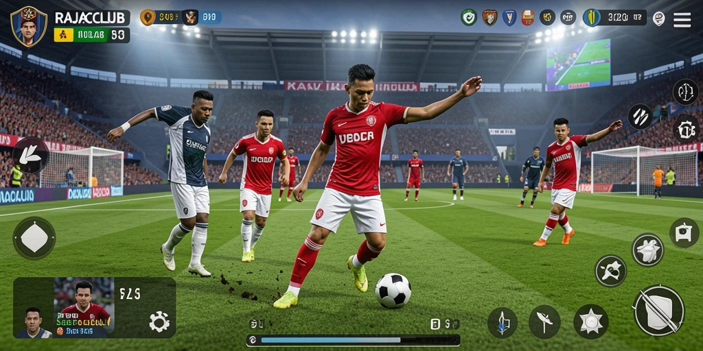 Tampilan seru gameplay RAJACLUB dalam aksi sepak bola.